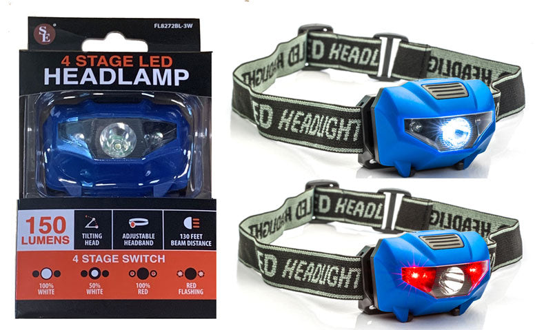 Head Lamp-150 Lumen/3 Watt With 2 Red LED/1 White LED/Blue Body, Pivots 180 Degree