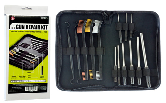 14Pc Gun Repair Kit in a Zippered Case, 9Pc Rolling Punch, 3Pc Double Ended Brush, 2Pc Double Ended Picks