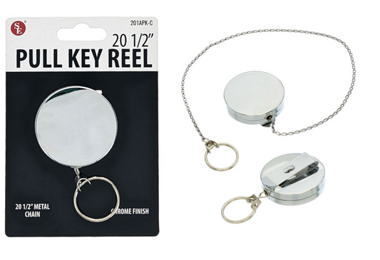 2" Chrome Pull Key Reel with 20.5" Metal Cord with Clip & Key Ring