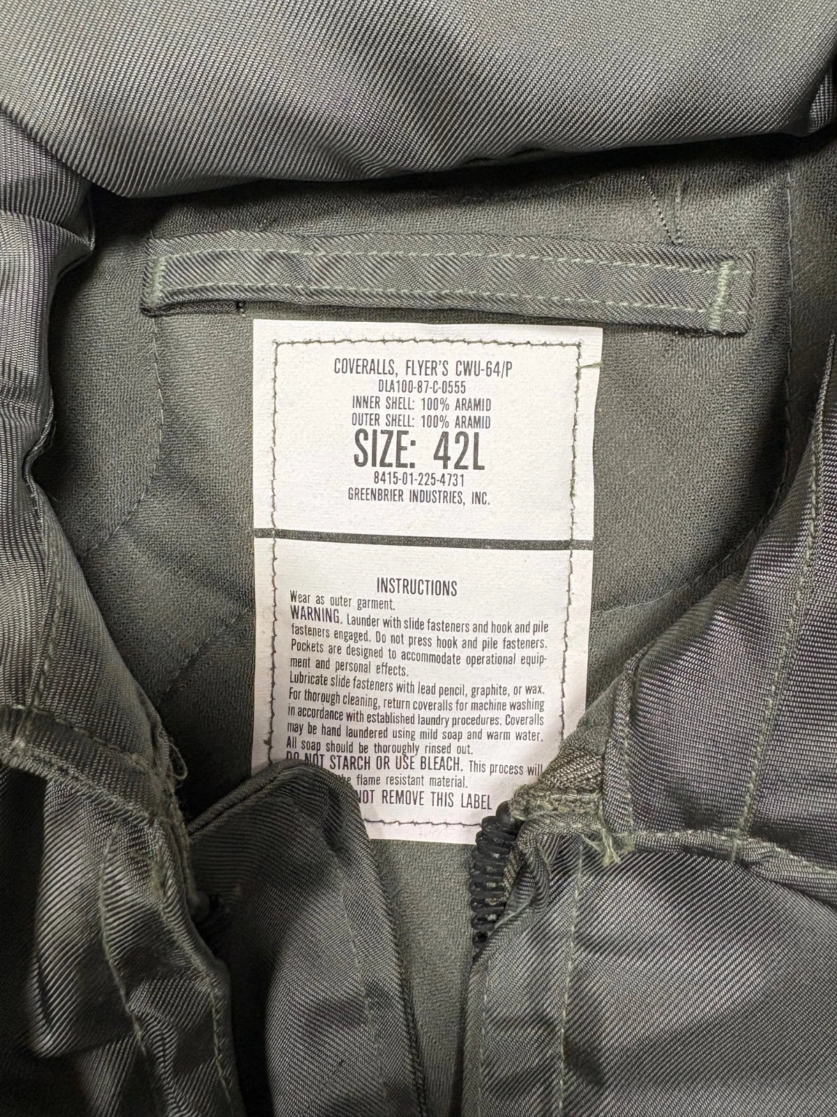 USGI ECW Lined Coveralls, Flyer's CWU-64/P 1987 Dated SIZE 42L NEW